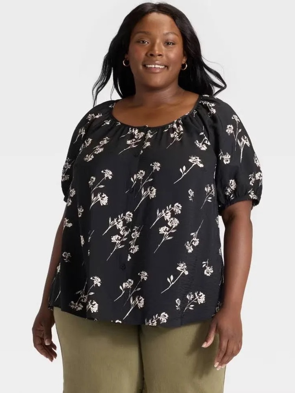 Ava & Viv Black Floral Peasant Blouse Puff Sleeve Plus Sized NWT